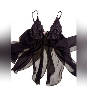 NWOT VICTORIA'S SECRET WOMEN'S BLACK SHEER W/LACE BABYDOLL LINGERIE TOP SIZE L